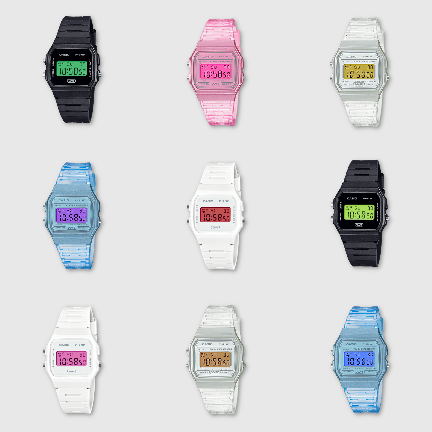 Collection of digital watches in various colors on a light gray background