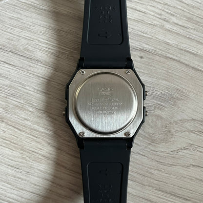 Custom Casio F-91W Black digital watch featuring a Flame filter screen. Slim 8.5 mm profile, lightweight 21 g build and flexible bio-based resin band ensure lasting comfort. Includes alarm, stopwatch, and microlight function for everyday functionality.