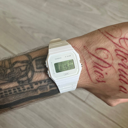 Custom Casio F-91W White digital watch featuring a Green Football Pitch filter screen. Slim 8.5 mm profile, lightweight 21 g build and flexible bio-based resin band ensure lasting comfort. Includes alarm, stopwatch, and microlight function for everyday functionality.