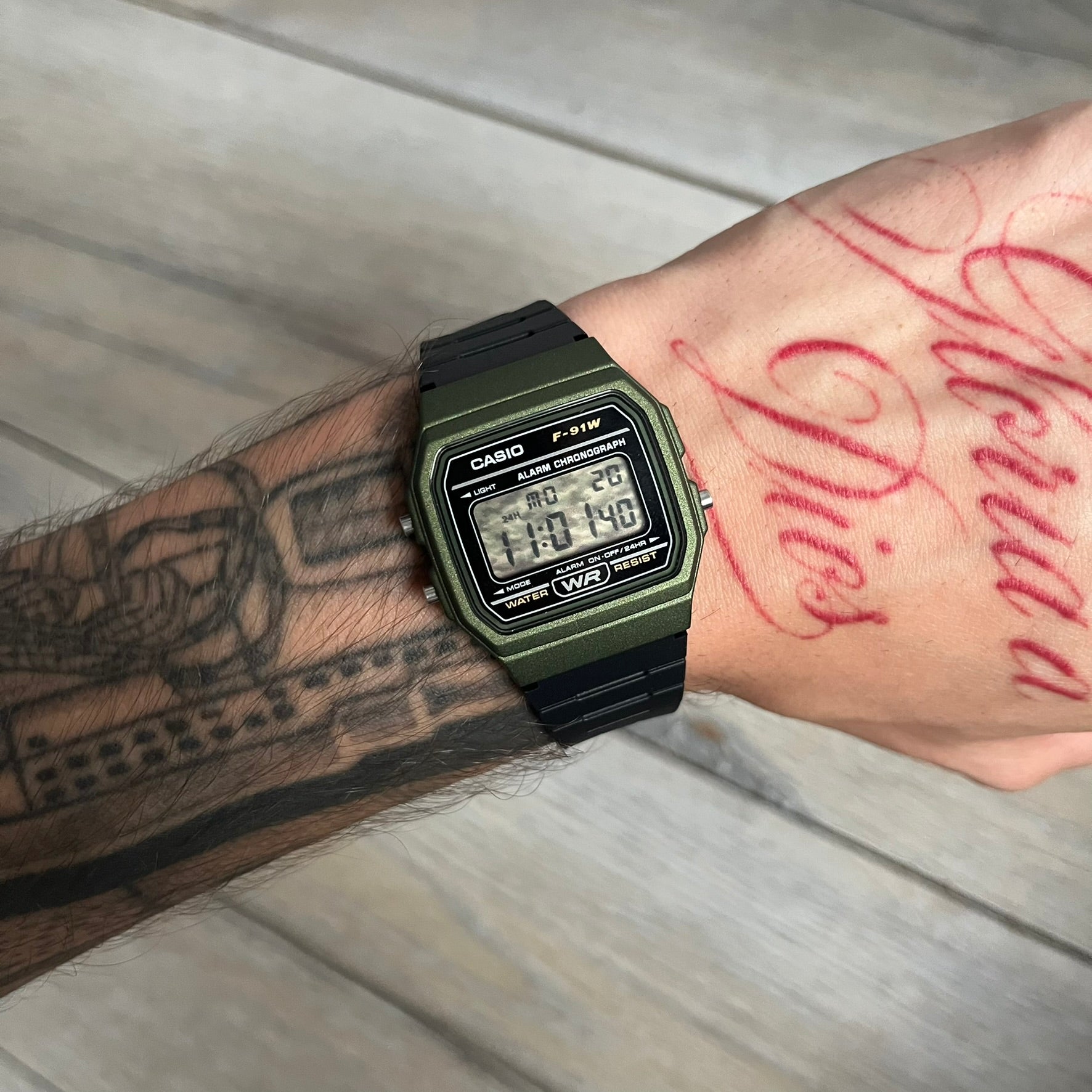 Custom Casio F-91W Military Green digital watch featuring a Camo filter screen. Slim 8.5 mm profile, lightweight 21 g build and flexible bio-based resin band ensure lasting comfort. Includes alarm, stopwatch, and microlight function for everyday functionality.