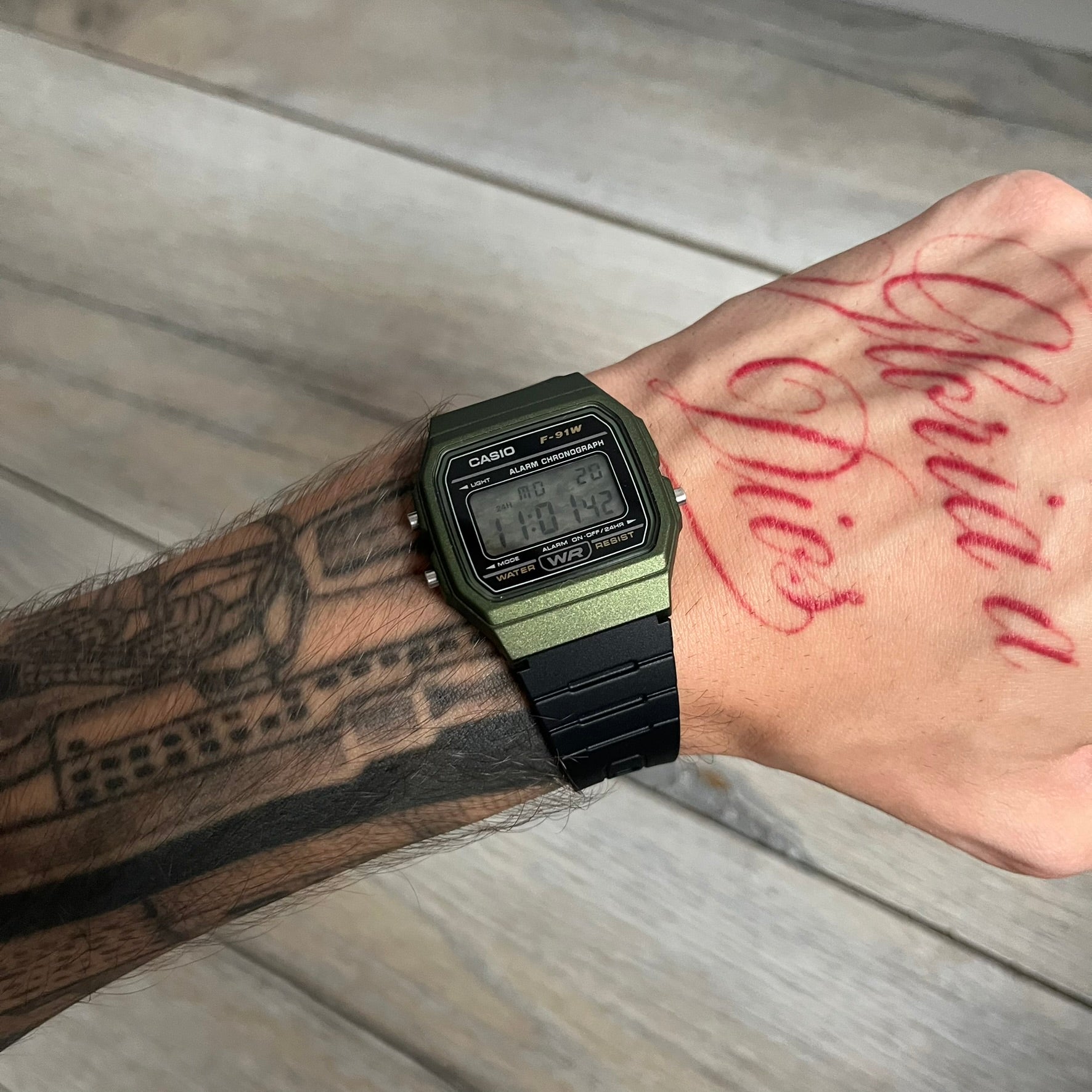 Custom Casio F-91W Military Green digital watch featuring a Camo filter screen. Slim 8.5 mm profile, lightweight 21 g build and flexible bio-based resin band ensure lasting comfort. Includes alarm, stopwatch, and microlight function for everyday functionality.