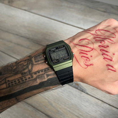 Custom Casio F-91W Military Green digital watch featuring a Camo filter screen. Slim 8.5 mm profile, lightweight 21 g build and flexible bio-based resin band ensure lasting comfort. Includes alarm, stopwatch, and microlight function for everyday functionality.