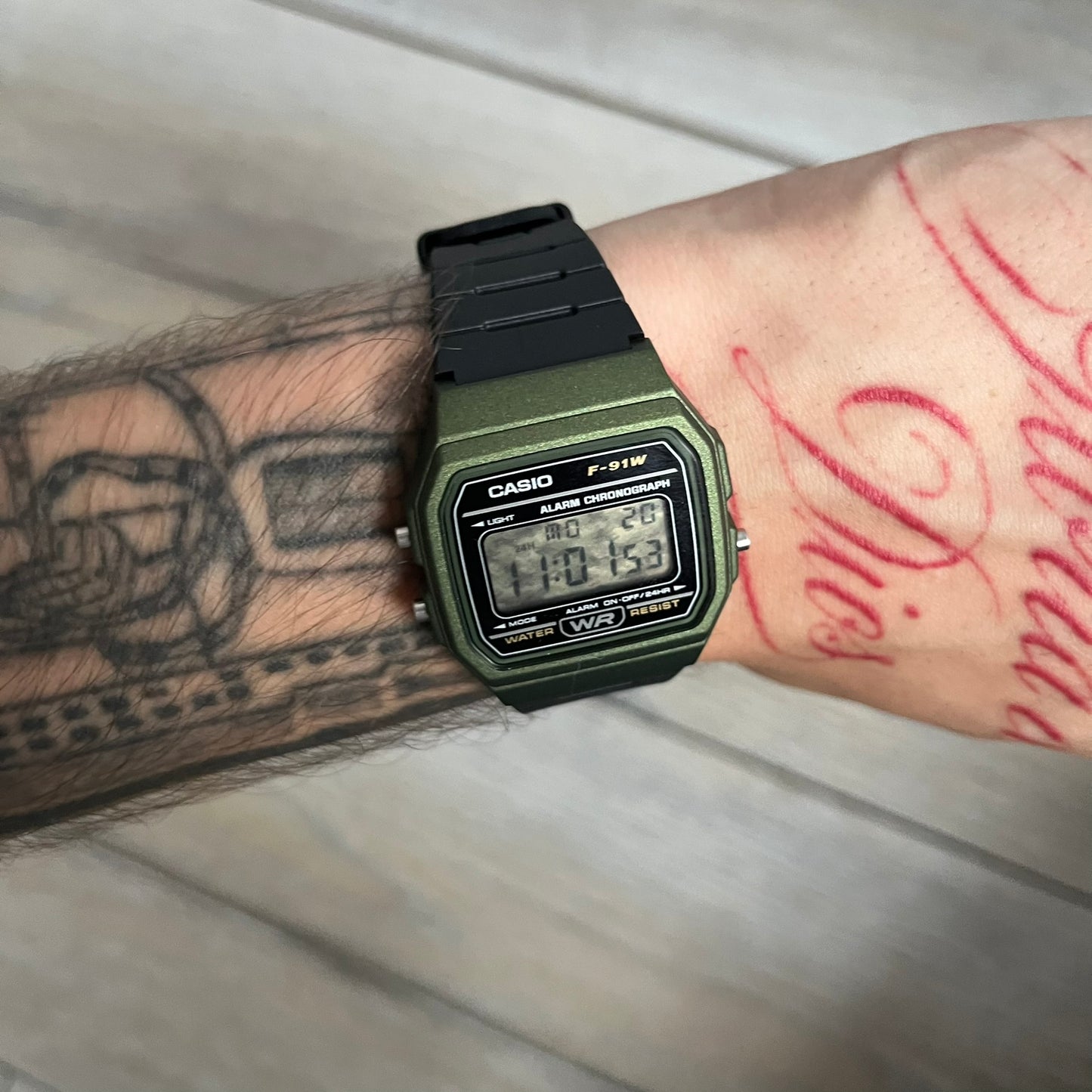 Custom Casio F-91W Military Green digital watch featuring a Camo filter screen. Slim 8.5 mm profile, lightweight 21 g build and flexible bio-based resin band ensure lasting comfort. Includes alarm, stopwatch, and microlight function for everyday functionality.