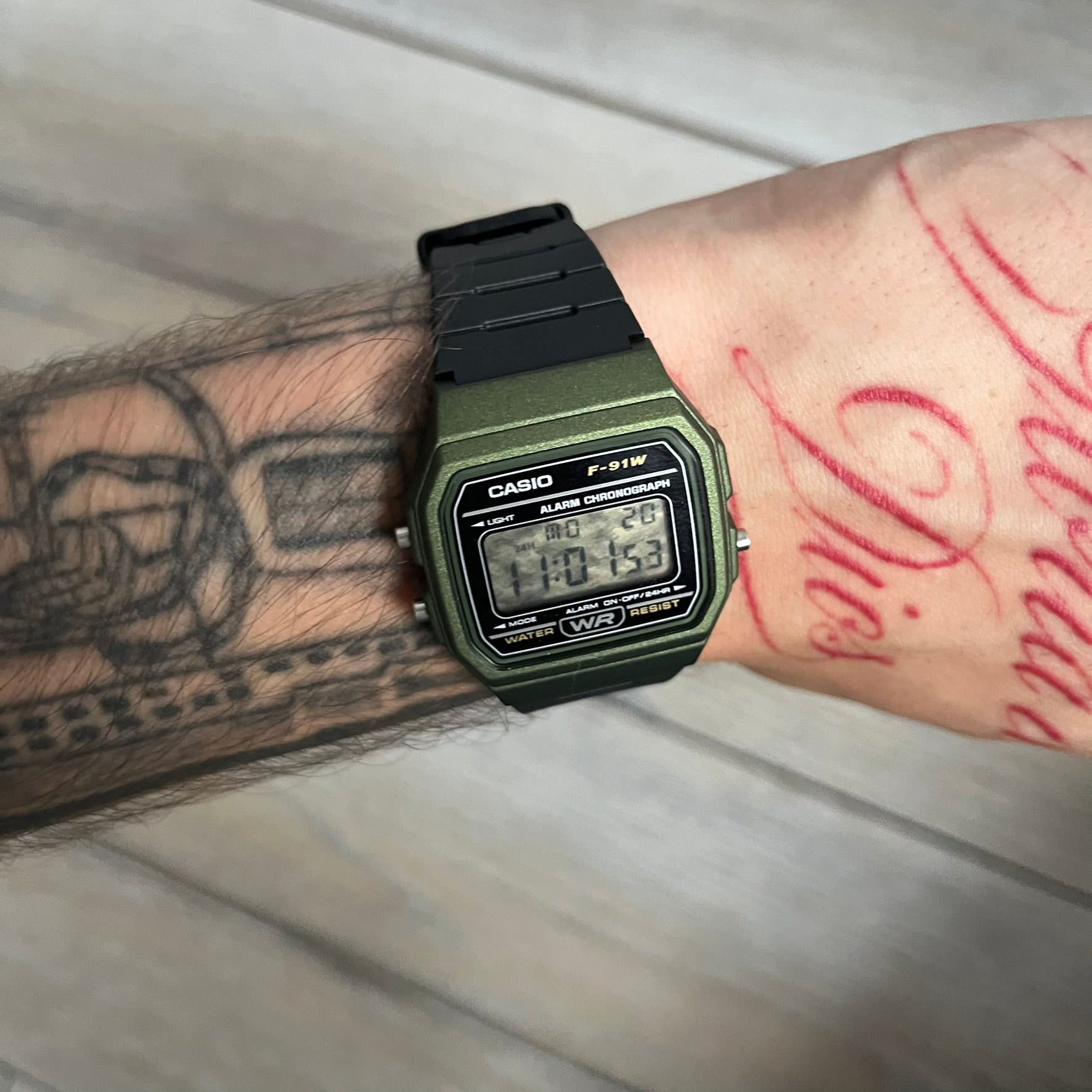 Custom Casio F-91W Military Green digital watch featuring a Camo filter screen. Slim 8.5 mm profile, lightweight 21 g build and flexible bio-based resin band ensure lasting comfort. Includes alarm, stopwatch, and microlight function for everyday functionality.
