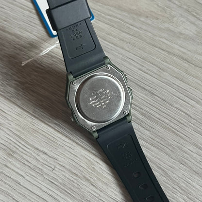 Custom Casio F-91W Military Green digital watch featuring a Camo filter screen. Slim 8.5 mm profile, lightweight 21 g build and flexible bio-based resin band ensure lasting comfort. Includes alarm, stopwatch, and microlight function for everyday functionality.