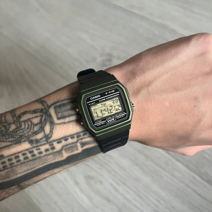 Custom Casio F-91W Military Green digital watch featuring a Camo filter screen. Slim 8.5 mm profile, lightweight 21 g build and flexible bio-based resin band ensure lasting comfort. Includes alarm, stopwatch, and microlight function for everyday functionality.