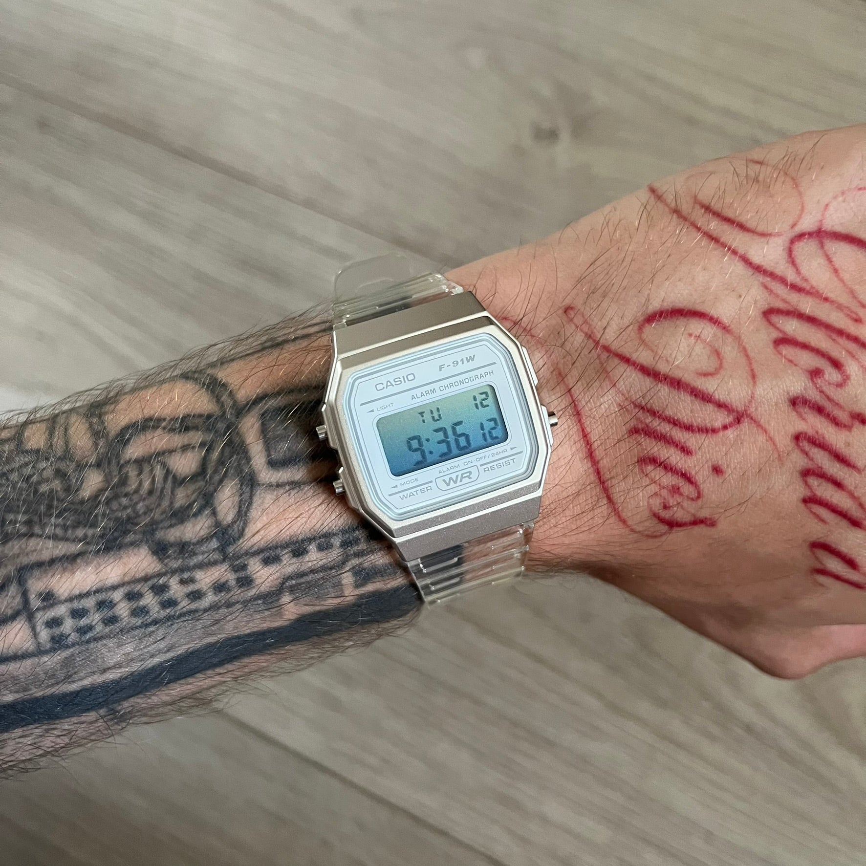Custom Casio F-91W Clear/Transparent digital watch featuring a Gradient Blue filter screen. Slim 8.5 mm profile, lightweight 21 g build and flexible bio-based resin band ensure lasting comfort. Includes alarm, stopwatch, and microlight function for everyday functionality.