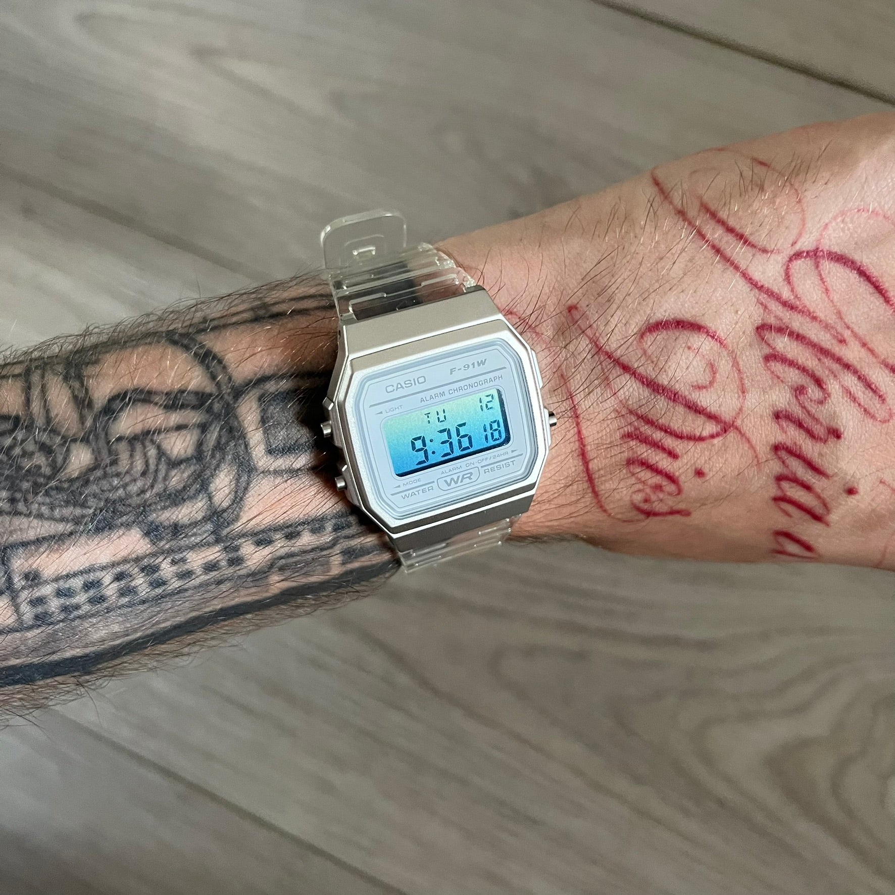 Custom Casio F-91W Clear/Transparent digital watch featuring a Gradient Blue filter screen. Slim 8.5 mm profile, lightweight 21 g build and flexible bio-based resin band ensure lasting comfort. Includes alarm, stopwatch, and microlight function for everyday functionality.