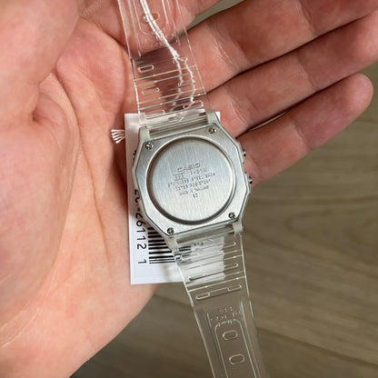Custom Casio F-91W Clear/Transparent digital watch featuring a Gradient Blue filter screen. Slim 8.5 mm profile, lightweight 21 g build and flexible bio-based resin band ensure lasting comfort. Includes alarm, stopwatch, and microlight function for everyday functionality.