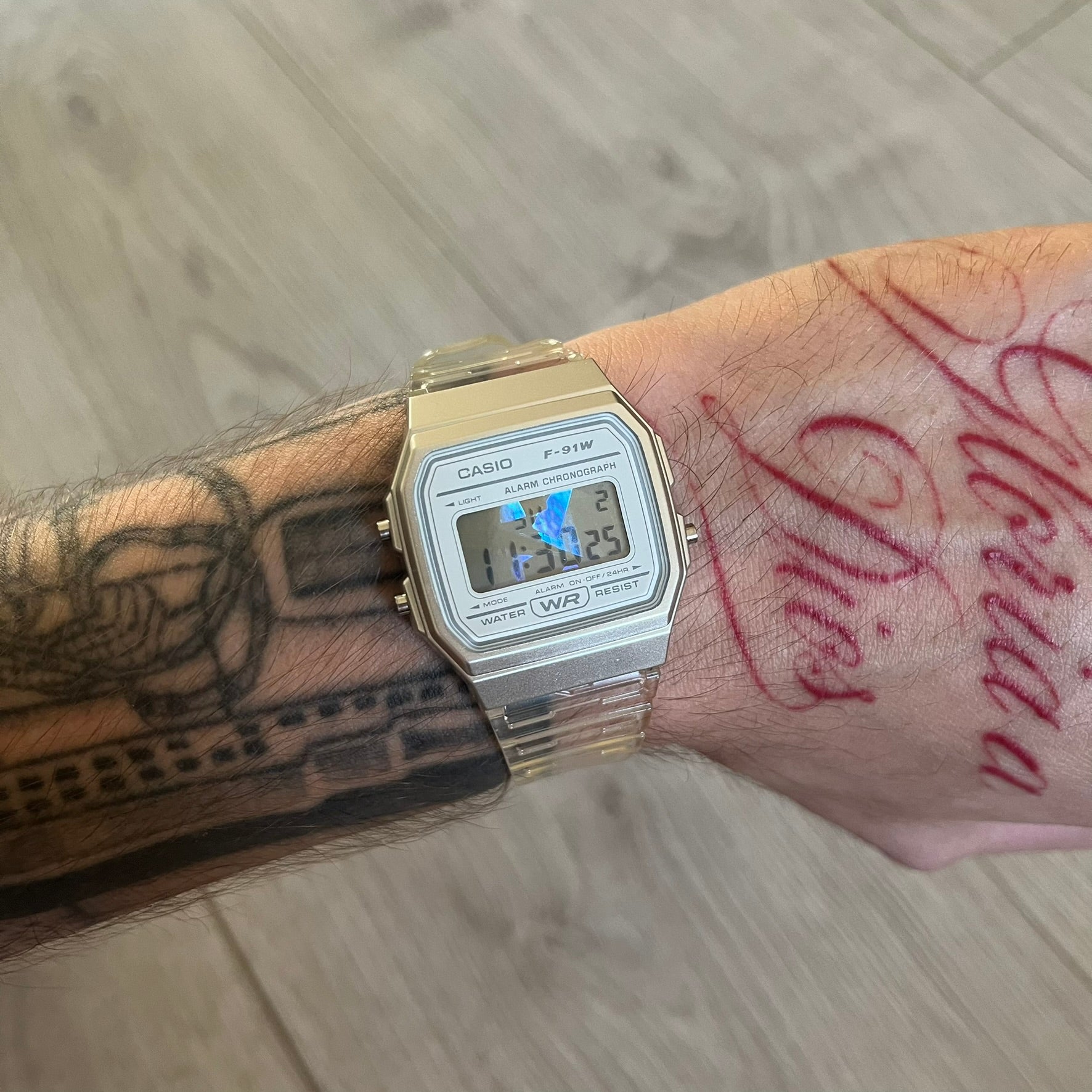Custom Casio F-91W Clear/Transparent digital watch featuring a Holographic diamonds filter screen. Slim 8.5 mm profile, lightweight 21 g build and flexible bio-based resin band ensure lasting comfort. Includes alarm, stopwatch, and microlight function for everyday functionality.