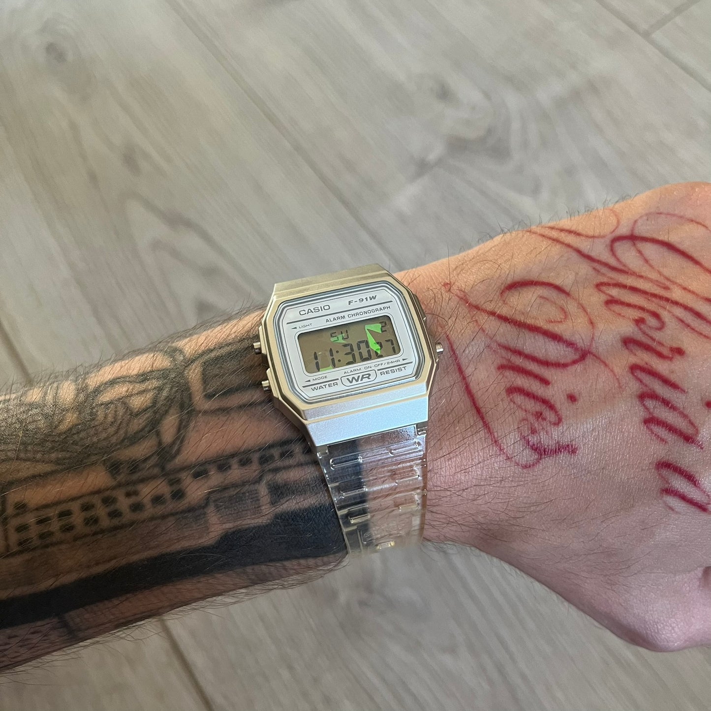Custom Casio F-91W Clear/Transparent digital watch featuring a Holographic diamonds filter screen. Slim 8.5 mm profile, lightweight 21 g build and flexible bio-based resin band ensure lasting comfort. Includes alarm, stopwatch, and microlight function for everyday functionality.