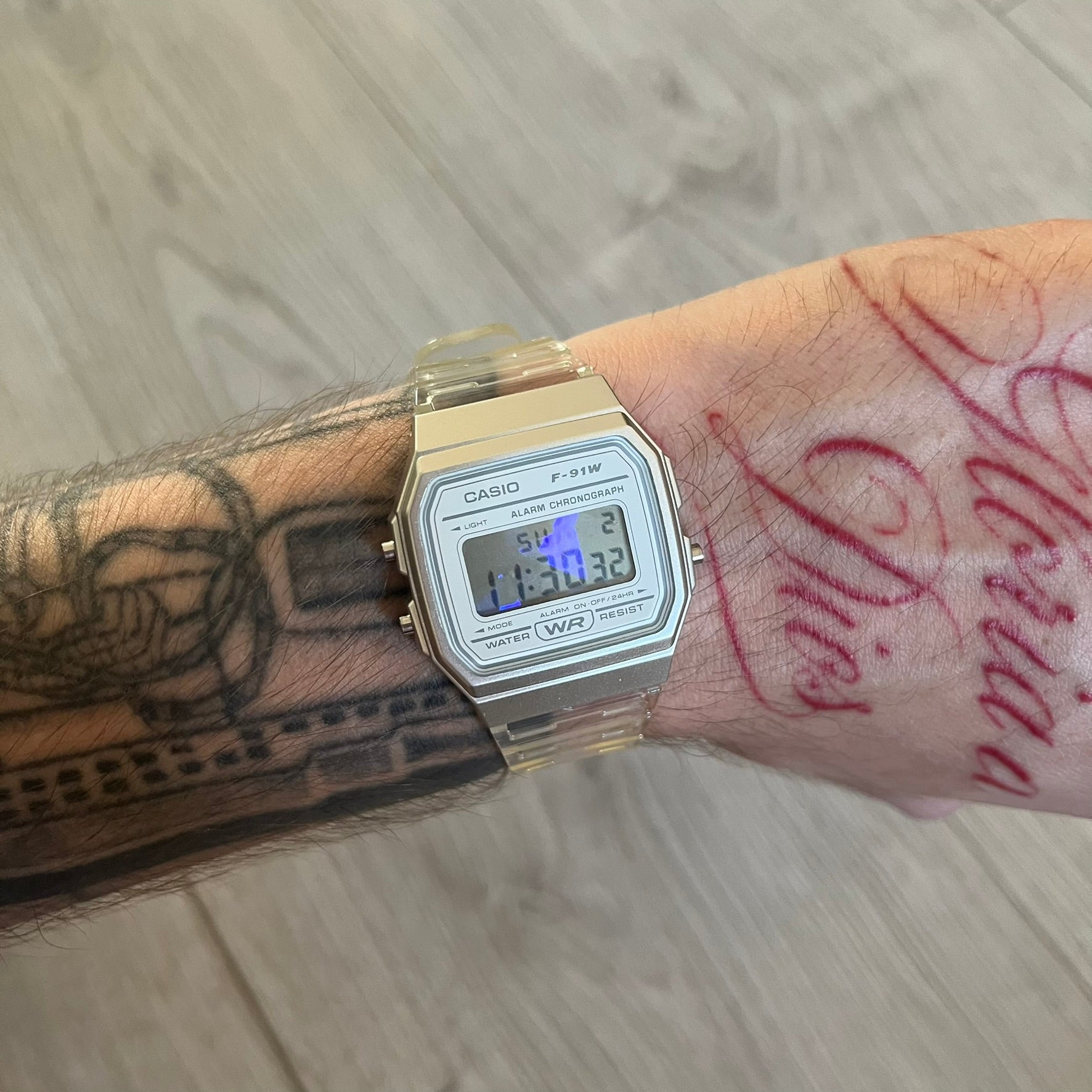Custom Casio F-91W Clear/Transparent digital watch featuring a Holographic diamonds filter screen. Slim 8.5 mm profile, lightweight 21 g build and flexible bio-based resin band ensure lasting comfort. Includes alarm, stopwatch, and microlight function for everyday functionality.