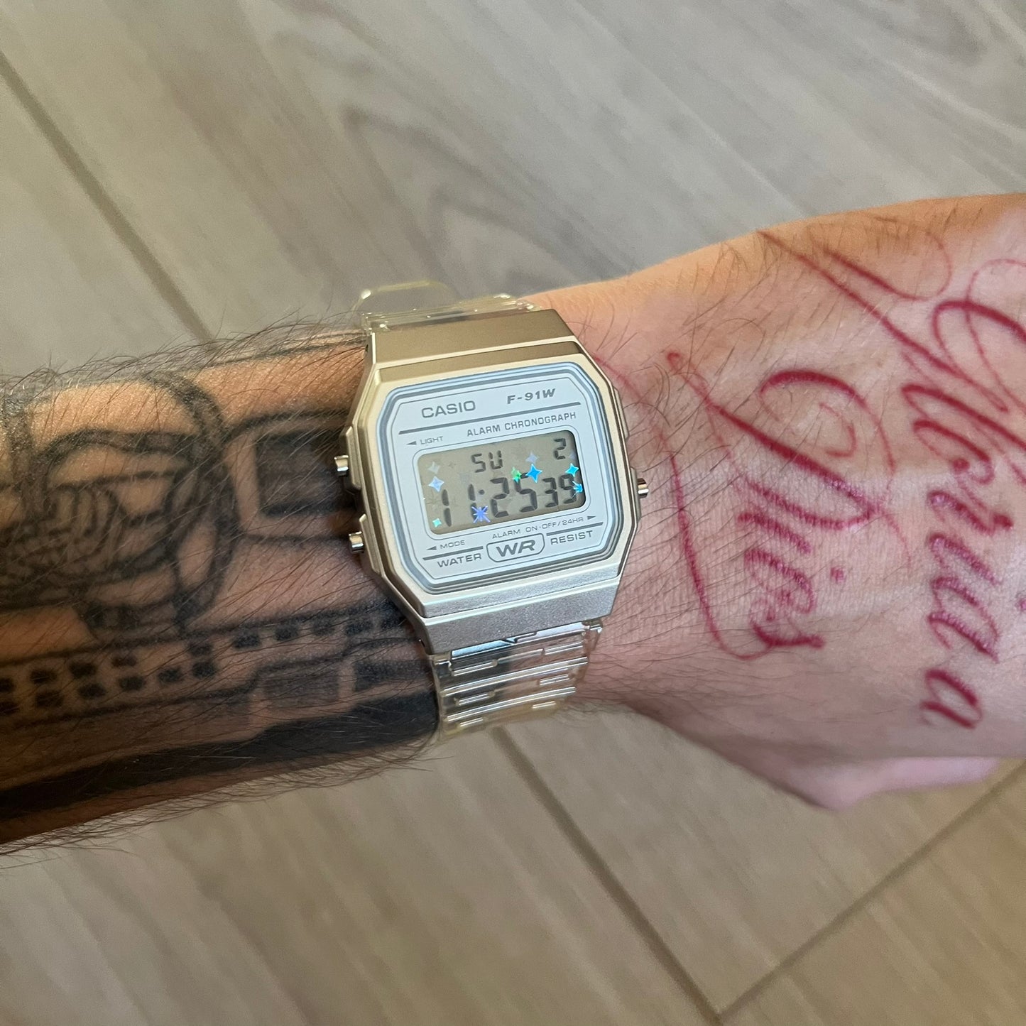 Custom Casio F-91W Clear/Transparent digital watch featuring a Holographic stars filter screen. Slim 8.5 mm profile, lightweight 21 g build and flexible bio-based resin band ensure lasting comfort. Includes alarm, stopwatch, and microlight function for everyday functionality.