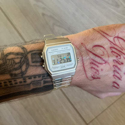 Custom Casio F-91W Clear/Transparent digital watch featuring a Holographic stars filter screen. Slim 8.5 mm profile, lightweight 21 g build and flexible bio-based resin band ensure lasting comfort. Includes alarm, stopwatch, and microlight function for everyday functionality.