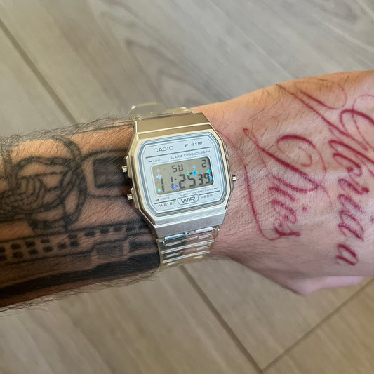Custom Casio F-91W Clear/Transparent digital watch featuring a Holographic stars filter screen. Slim 8.5 mm profile, lightweight 21 g build and flexible bio-based resin band ensure lasting comfort. Includes alarm, stopwatch, and microlight function for everyday functionality.