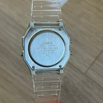 Custom Casio F-91W Clear/Transparent digital watch featuring a Holographic stars filter screen. Slim 8.5 mm profile, lightweight 21 g build and flexible bio-based resin band ensure lasting comfort. Includes alarm, stopwatch, and microlight function for everyday functionality.