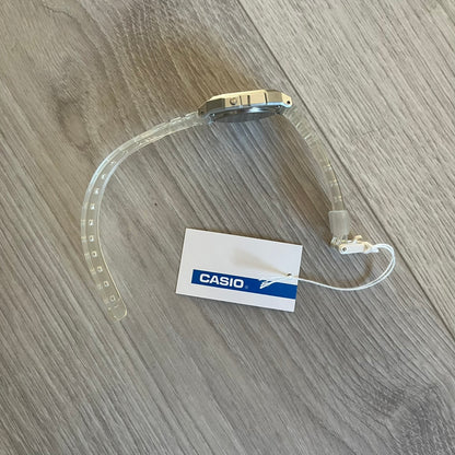 Custom Casio F-91W Clear/Transparent digital watch featuring a Holographic stars filter screen. Slim 8.5 mm profile, lightweight 21 g build and flexible bio-based resin band ensure lasting comfort. Includes alarm, stopwatch, and microlight function for everyday functionality.