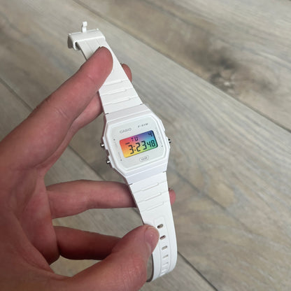Custom Casio F-91W White digital watch featuring a Gradient multicolor filter screen. Slim 8.5 mm profile, lightweight 21 g build and flexible bio-based resin band ensure lasting comfort. Includes alarm, stopwatch, and microlight function for everyday functionality