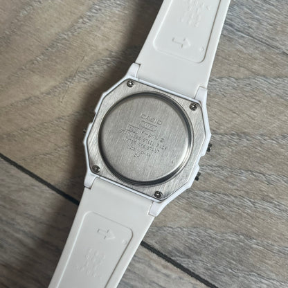 Custom Casio F-91W White digital watch featuring a Gradient multicolor filter screen. Slim 8.5 mm profile, lightweight 21 g build and flexible bio-based resin band ensure lasting comfort. Includes alarm, stopwatch, and microlight function for everyday functionality