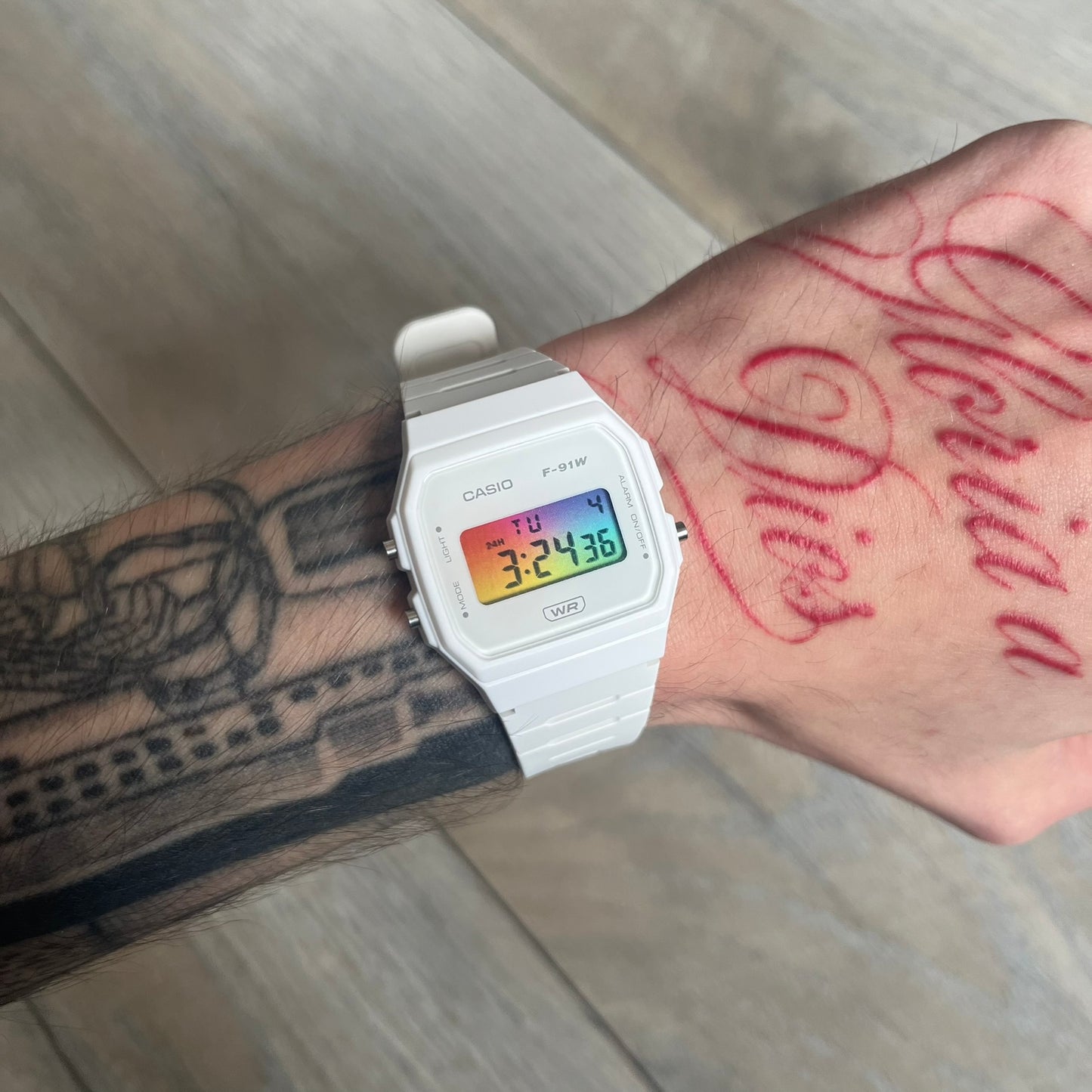 Custom Casio F-91W White digital watch featuring a Gradient multicolor filter screen. Slim 8.5 mm profile, lightweight 21 g build and flexible bio-based resin band ensure lasting comfort. Includes alarm, stopwatch, and microlight function for everyday functionality