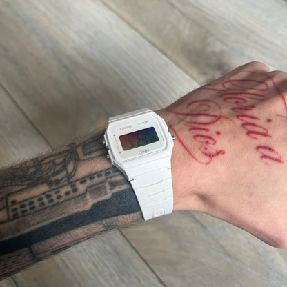 Custom Casio F-91W White digital watch featuring a Gradient multicolor filter screen. Slim 8.5 mm profile, lightweight 21 g build and flexible bio-based resin band ensure lasting comfort. Includes alarm, stopwatch, and microlight function for everyday functionality