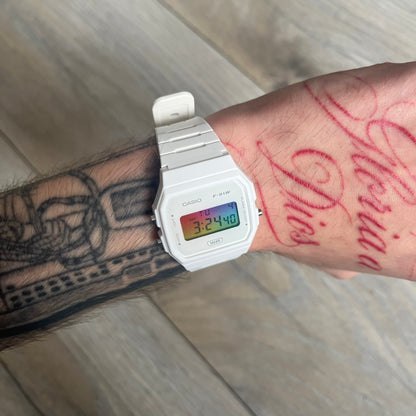 Custom Casio F-91W White digital watch featuring a Gradient multicolor filter screen. Slim 8.5 mm profile, lightweight 21 g build and flexible bio-based resin band ensure lasting comfort. Includes alarm, stopwatch, and microlight function for everyday functionality