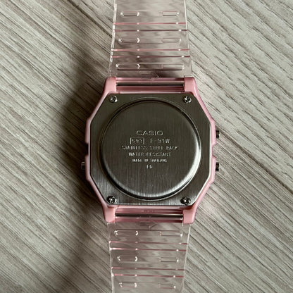 Custom Casio F-91W Pink digital watch featuring a Anime Eyes filter screen. Slim 8.5 mm profile, lightweight 21 g build and flexible bio-based resin band ensure lasting comfort. Includes alarm, stopwatch, and microlight function for everyday functionality.