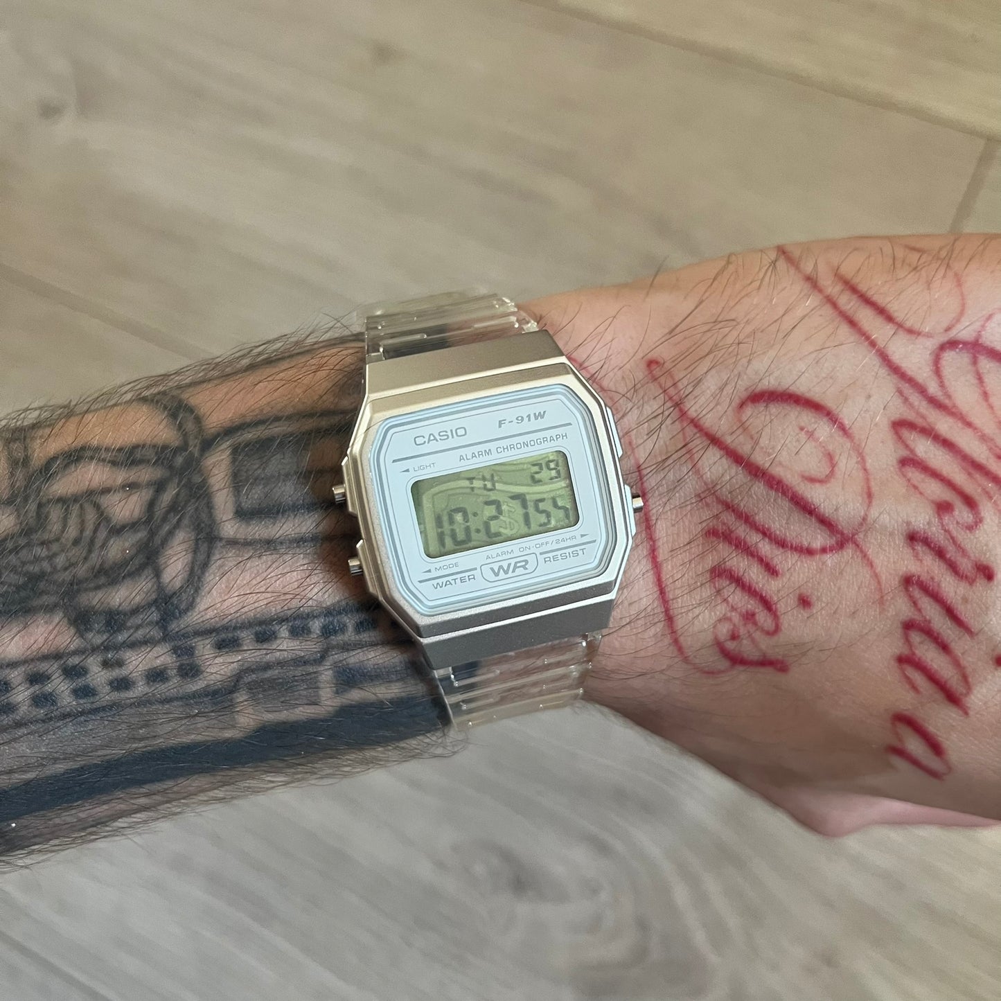 Custom Casio F-91W Clear/Transparent digital watch featuring a Money graphic filter screen. Slim 8.5 mm profile, lightweight 21 g build and flexible bio-based resin band ensure lasting comfort. Includes alarm, stopwatch, and microlight function for everyday functionality.