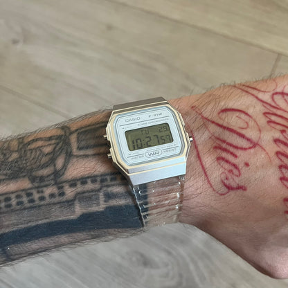Custom Casio F-91W Clear/Transparent digital watch featuring a Money graphic filter screen. Slim 8.5 mm profile, lightweight 21 g build and flexible bio-based resin band ensure lasting comfort. Includes alarm, stopwatch, and microlight function for everyday functionality.