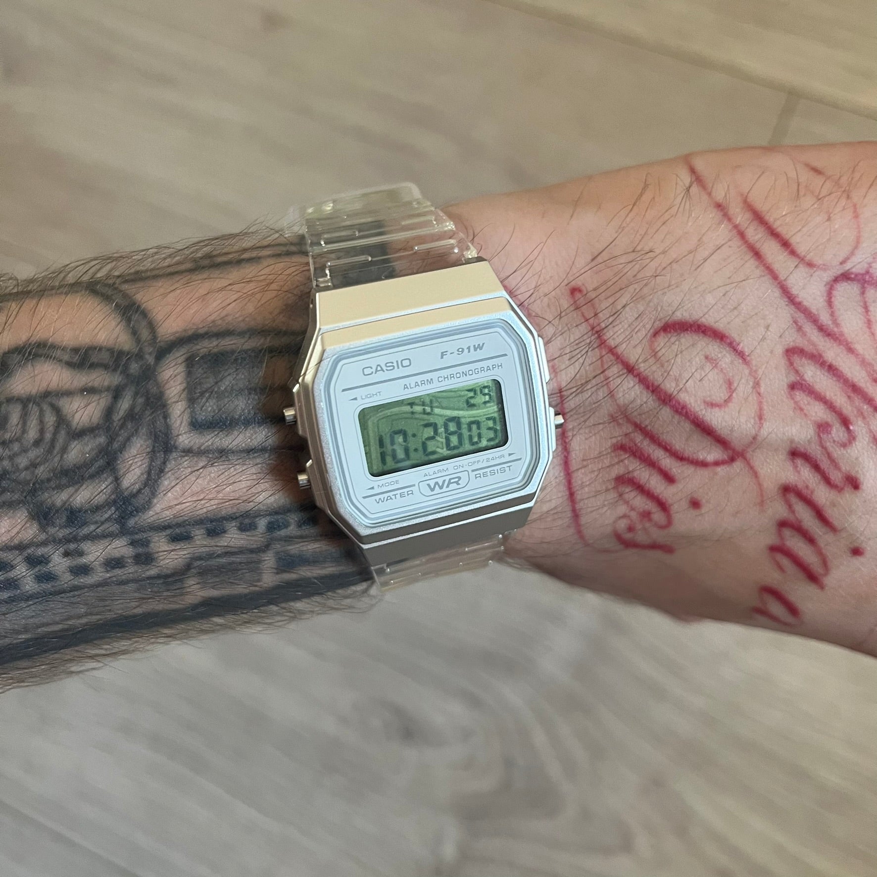 Custom Casio F-91W Clear/Transparent digital watch featuring a Money graphic filter screen. Slim 8.5 mm profile, lightweight 21 g build and flexible bio-based resin band ensure lasting comfort. Includes alarm, stopwatch, and microlight function for everyday functionality.