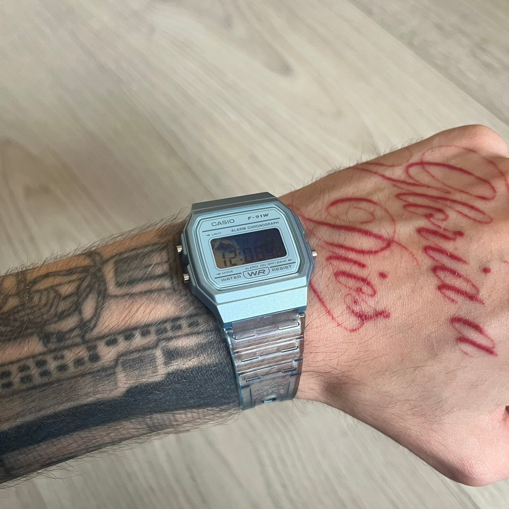 Custom Casio F-91W Blue digital watch featuring a Blue Anime eyes filter screen. Slim 8.5 mm profile, lightweight 21 g build and flexible bio-based resin band ensure lasting comfort. Includes alarm, stopwatch, and microlight function for everyday functionality.