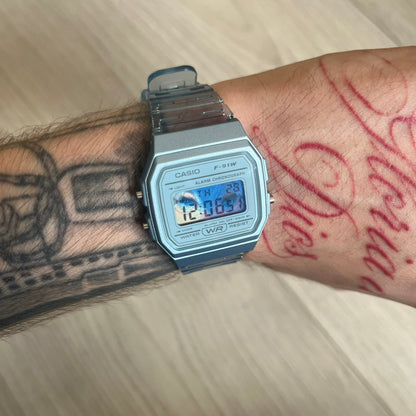 Custom Casio F-91W Blue digital watch featuring a Blue Anime eyes filter screen. Slim 8.5 mm profile, lightweight 21 g build and flexible bio-based resin band ensure lasting comfort. Includes alarm, stopwatch, and microlight function for everyday functionality.