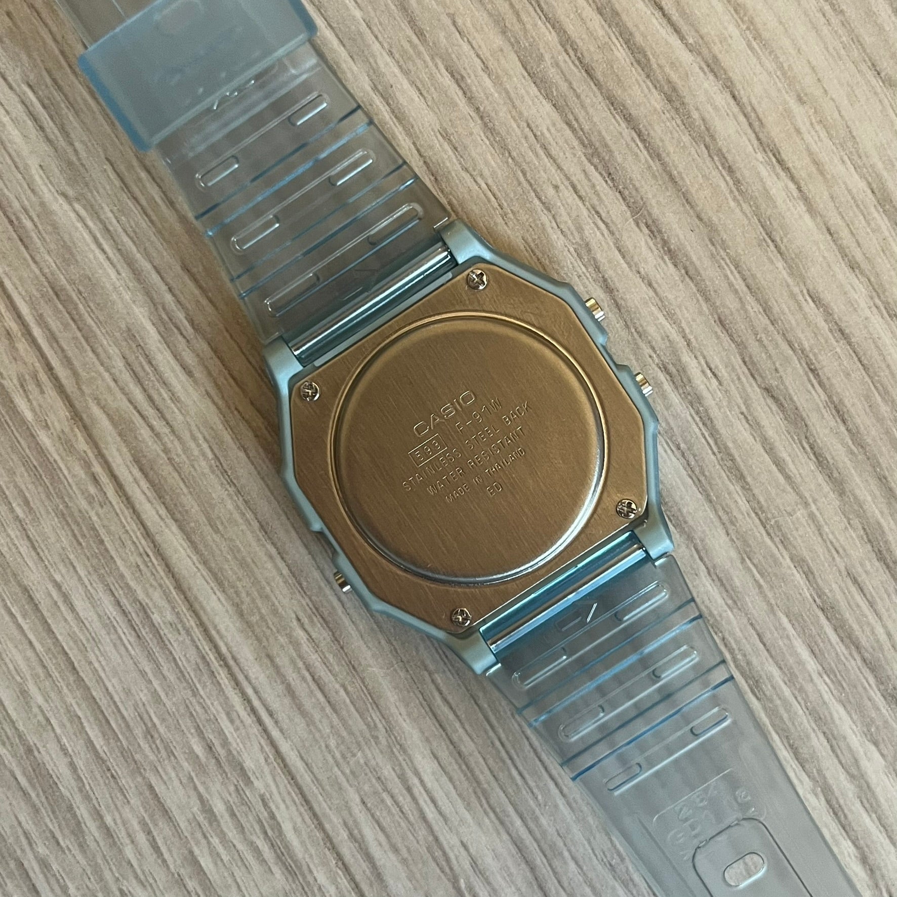 Custom Casio F-91W Blue digital watch featuring a Blue Anime eyes filter screen. Slim 8.5 mm profile, lightweight 21 g build and flexible bio-based resin band ensure lasting comfort. Includes alarm, stopwatch, and microlight function for everyday functionality.