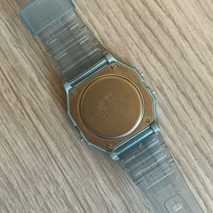 Custom Casio F-91W Blue digital watch featuring a Blue Anime eyes filter screen. Slim 8.5 mm profile, lightweight 21 g build and flexible bio-based resin band ensure lasting comfort. Includes alarm, stopwatch, and microlight function for everyday functionality.