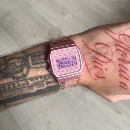 Custom Casio F-91W Pink digital watch featuring a Pink Leopard print filter screen. Slim 8.5 mm profile, lightweight 21 g build and flexible bio-based resin band ensure lasting comfort. Includes alarm, stopwatch, and microlight function for everyday functionality.