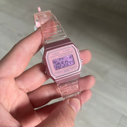 Custom Casio F-91W Pink digital watch featuring a Pink Leopard print filter screen. Slim 8.5 mm profile, lightweight 21 g build and flexible bio-based resin band ensure lasting comfort. Includes alarm, stopwatch, and microlight function for everyday functionality.