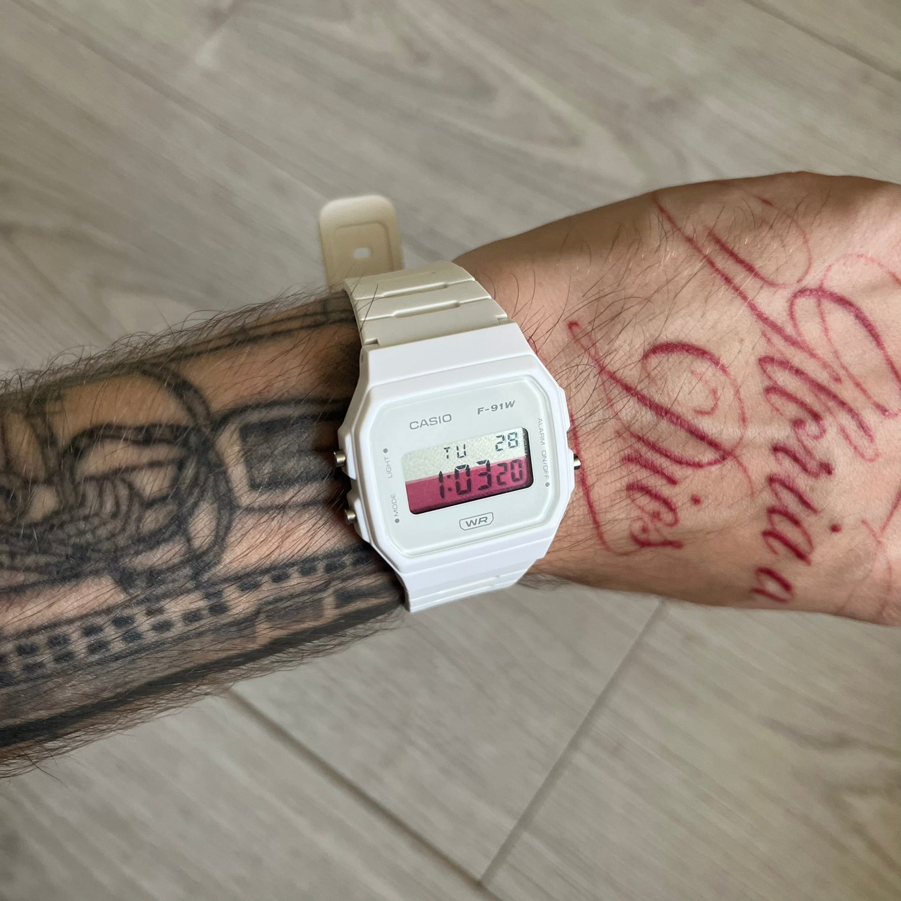 Custom Casio F-91W White digital watch featuring a Poland flag filter screen. Slim 8.5 mm profile, lightweight 21 g build and flexible bio-based resin band ensure lasting comfort. Includes alarm, stopwatch, and microlight function for everyday functionality.