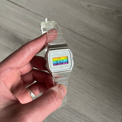Custom Casio F-91W Clear/Transparent digital watch featuring a rainbow filter screen. Slim 8.5 mm profile, lightweight 21 g build and flexible bio-based resin band ensure lasting comfort. Includes alarm, stopwatch, and microlight function for everyday functionality.
