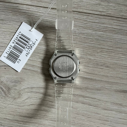 Custom Casio F-91W Clear/Transparent digital watch featuring a rainbow filter screen. Slim 8.5 mm profile, lightweight 21 g build and flexible bio-based resin band ensure lasting comfort. Includes alarm, stopwatch, and microlight function for everyday functionality.