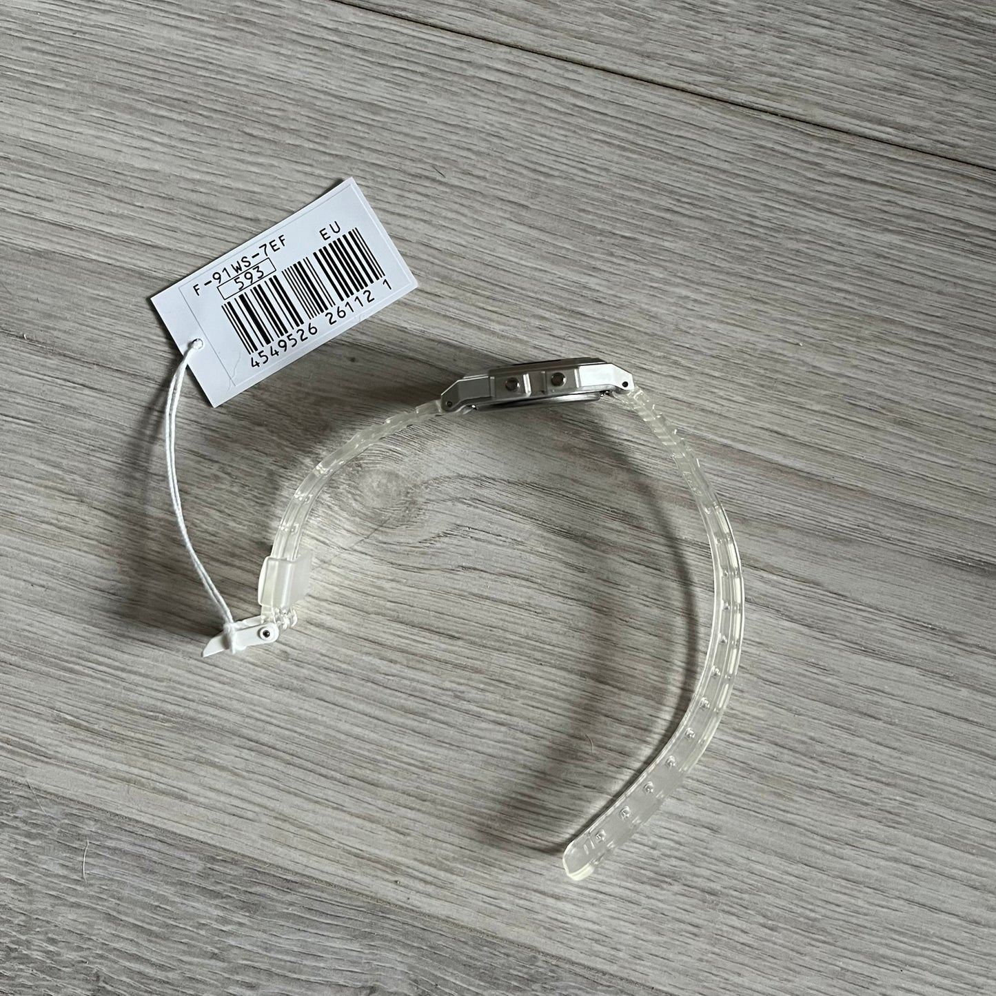 Custom Casio F-91W Clear/Transparent digital watch featuring a Rio De Janeiro filter screen. Slim 8.5 mm profile, lightweight 21 g build and flexible bio-based resin band ensure lasting comfort. Includes alarm, stopwatch, and microlight function for everyday functionality.