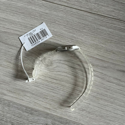 Custom Casio F-91W Clear/Transparent digital watch featuring a Rio De Janeiro filter screen. Slim 8.5 mm profile, lightweight 21 g build and flexible bio-based resin band ensure lasting comfort. Includes alarm, stopwatch, and microlight function for everyday functionality.