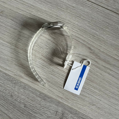 Custom Casio F-91W Clear/Transparent digital watch featuring a Rio De Janeiro filter screen. Slim 8.5 mm profile, lightweight 21 g build and flexible bio-based resin band ensure lasting comfort. Includes alarm, stopwatch, and microlight function for everyday functionality.