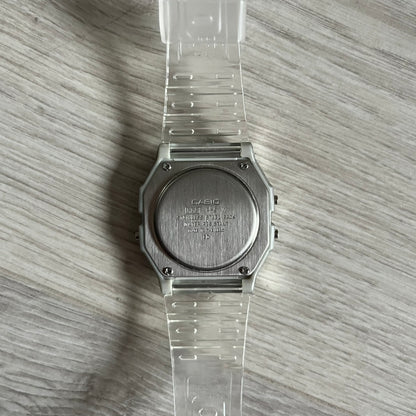 Custom Casio F-91W Clear/Transparent digital watch featuring a Rio De Janeiro filter screen. Slim 8.5 mm profile, lightweight 21 g build and flexible bio-based resin band ensure lasting comfort. Includes alarm, stopwatch, and microlight function for everyday functionality.