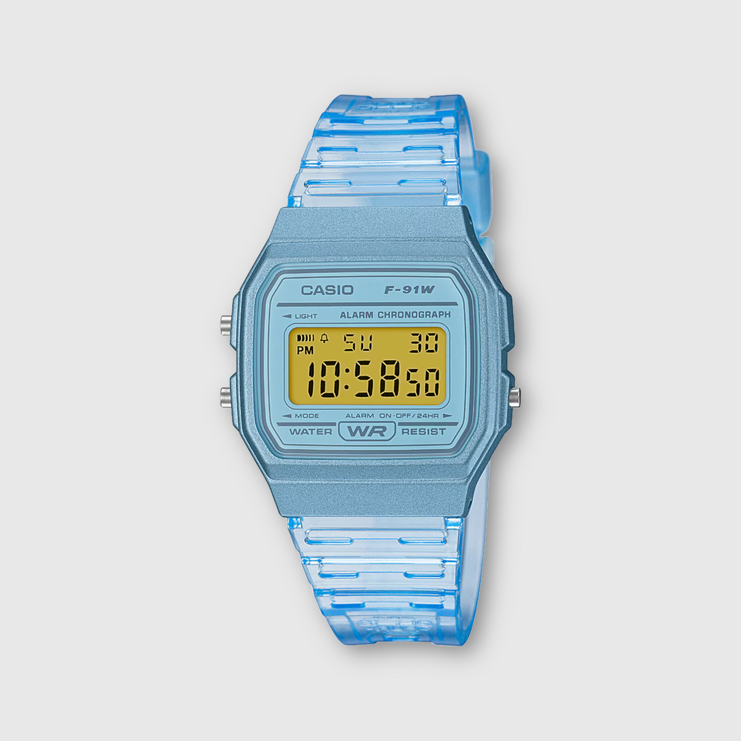 Blue digital watch with a clear strap on a light gray background