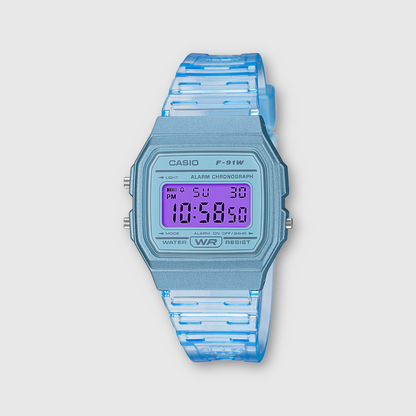 Blue digital watch with a clear strap on a light gray background