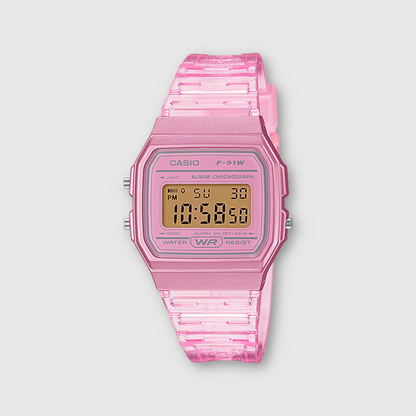 Pink Casio digital watch on a light gray background