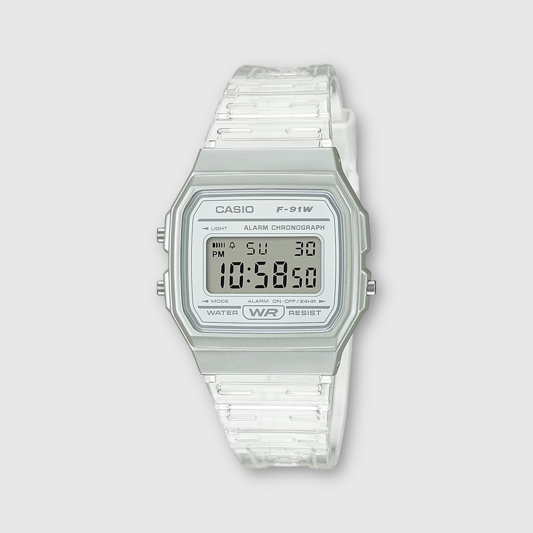 Silver Casio digital watch on a white background