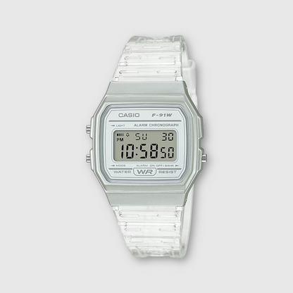 Silver Casio digital watch on a white background