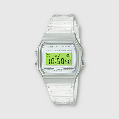 Casio digital watch with a clear strap on a light gray background