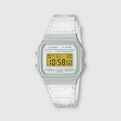 Casio digital watch with clear strap on a light gray background